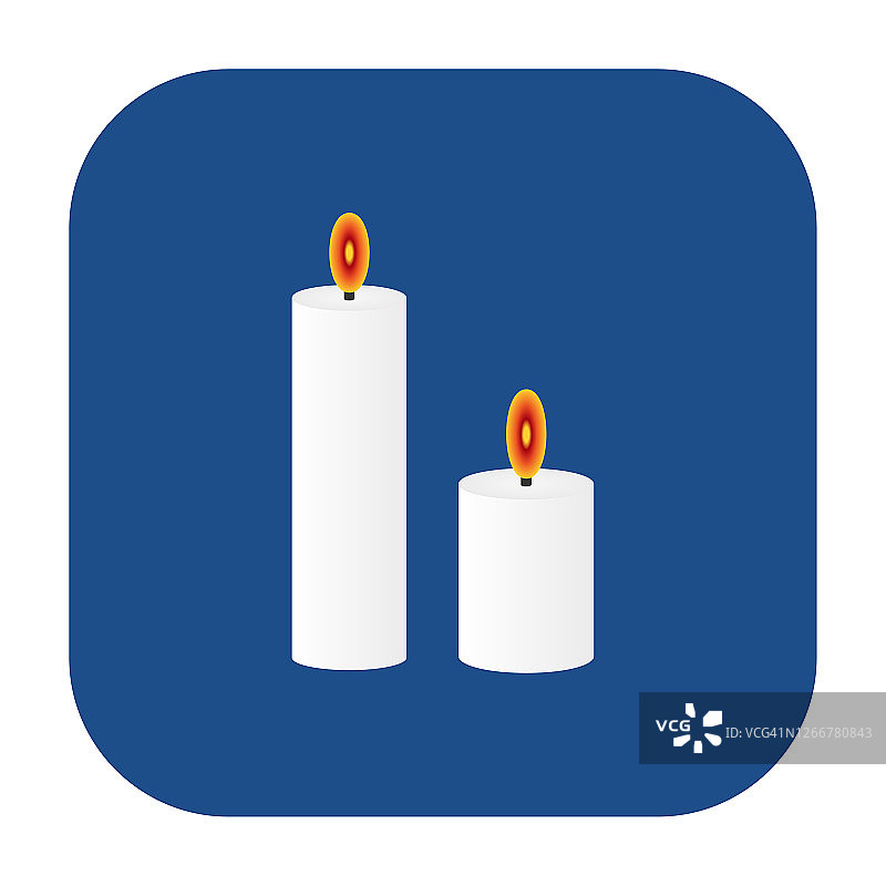 蓝色圆形方形燃烧蜡烛图标，按钮孤立在白色背景。图片素材