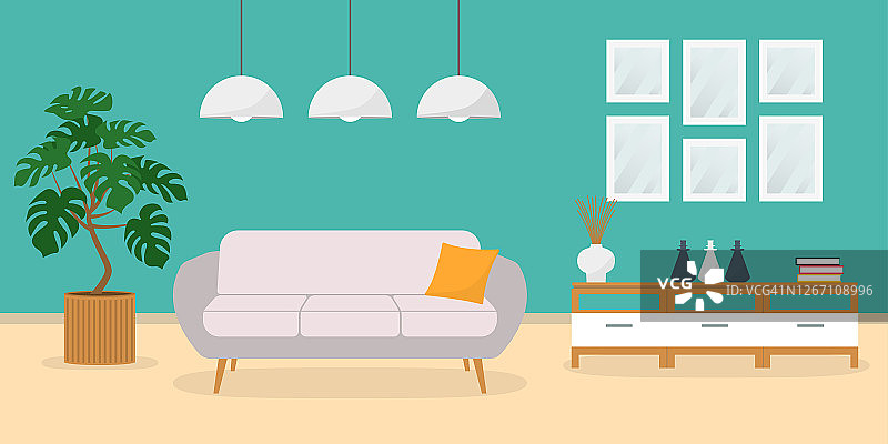 客厅内部有沙发和平面设计的现代家具。家或房子里面。矢量插图。图片素材