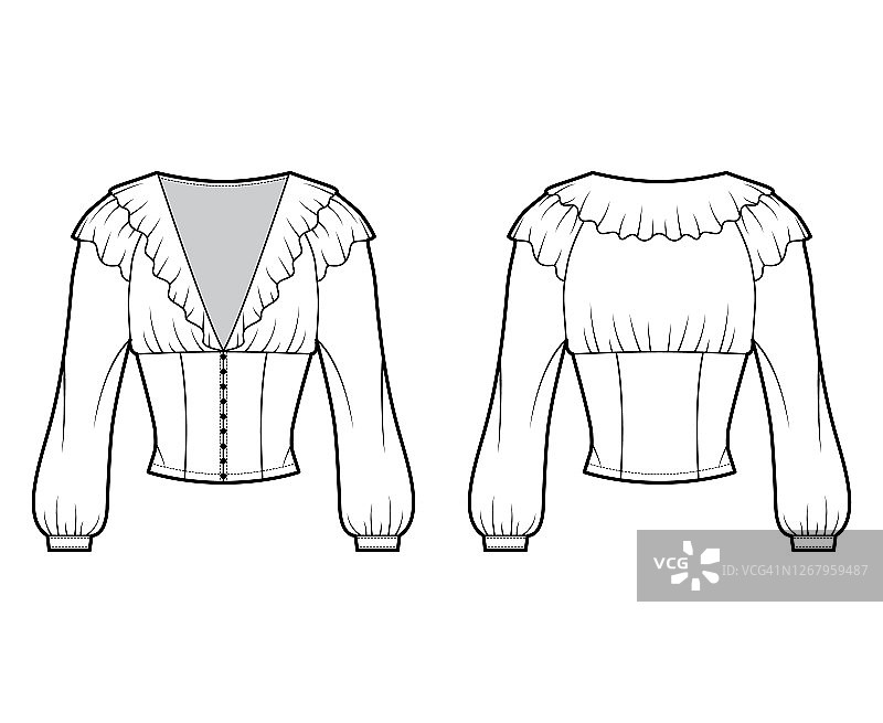 褶边短上衣技术时尚插图与长主教袖子，蓬松的肩膀前扣系图片素材