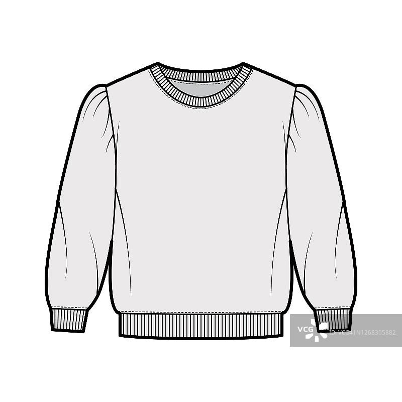 裁剪棉毛利运动衫技术时尚插图与蓬松的肩膀，肘袖，肋边套头衫图片素材