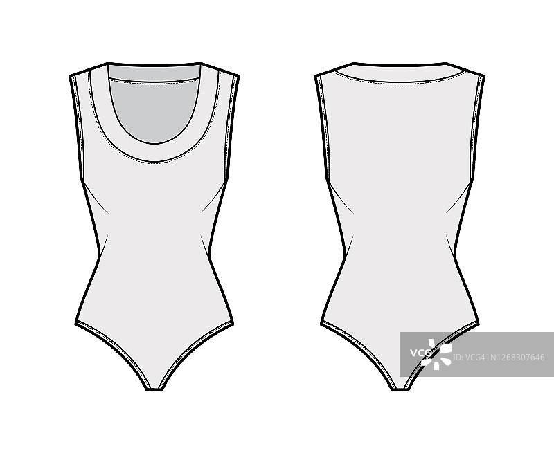 紧身衣技术时尚插图与勺领口，无袖，中等覆盖三角裤胜过连体泳衣图片素材