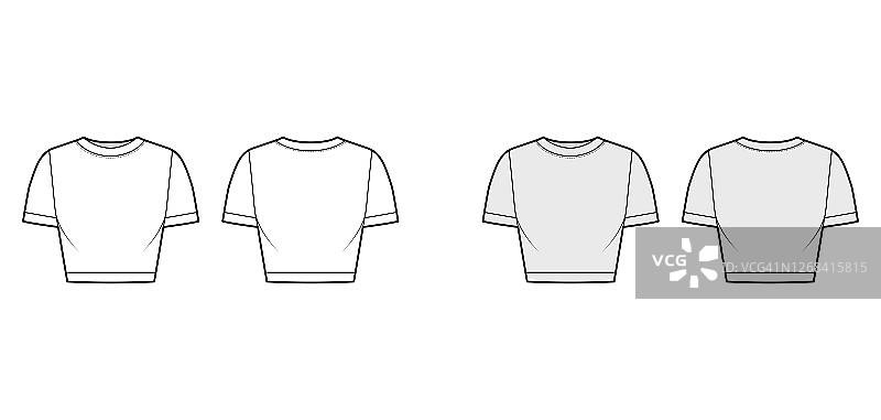 裁剪棉针织t恤技术时尚插图勺颈，短袖，贴身。平的服装图片素材
