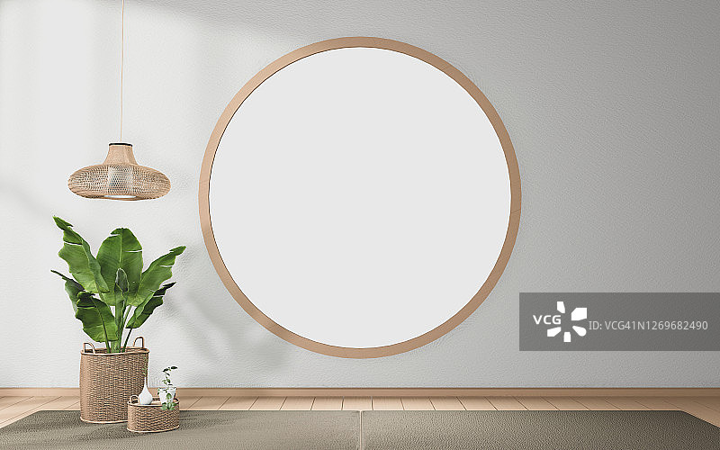 热带房间上的圆窗设计日式室内设计。三维渲染图片素材
