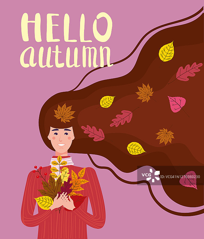 女孩穿着一件带有秋叶的红毛衣，活泼可爱。秋天，树叶黄色，橙色。矢量插图卡横幅模板图片素材