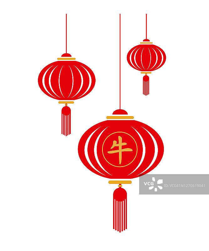 中国传统的牛年灯笼。平面风格的矢量插图。图片素材