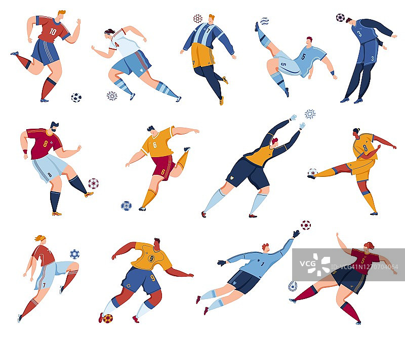 足球运动员矢量插图，足球运动员的卡通平面收集与运动员的人跳高，踢球图片素材