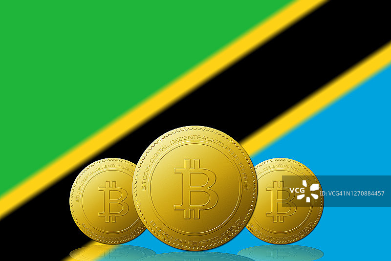 三种比特币加密货币，背景是坦桑尼亚国旗。图片素材