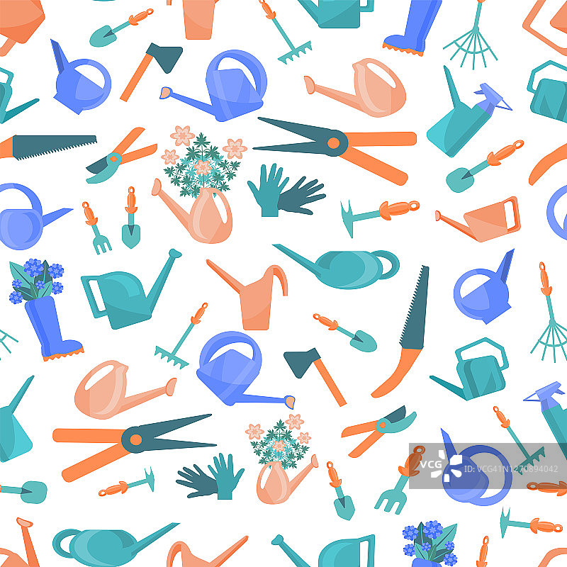 无缝图案的可爱彩色喷壶，耙子，铲子，剪刀，修枝器，花，橡胶靴，园艺手套。白色背景上的园林工具图案。矢量图图片素材