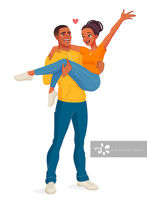 男人背着女人。幸福的微笑快乐的黑人夫妇。孤立的矢量图。图片素材