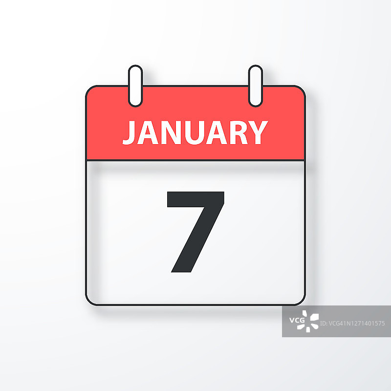 1月7日-每日日历-黑色轮廓与阴影在白色的背景图片素材