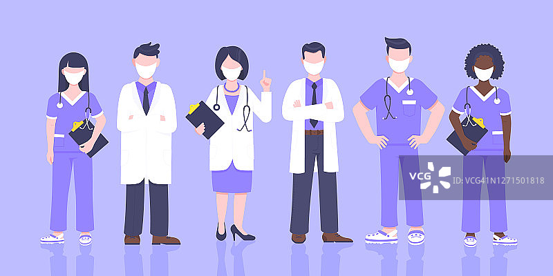 医生队带口罩的医务人员诊所员工病媒图隔离在蓝色背景上。医院或诊所的工作人员医生、外科医生、护士都拿着设备站起来。图片素材