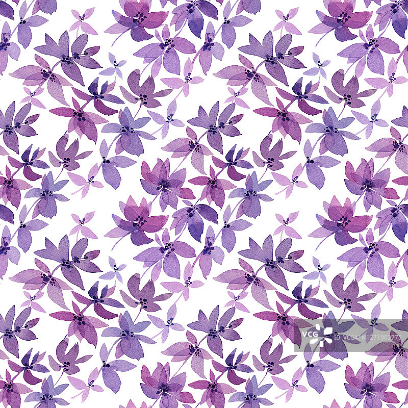 无缝模式水彩手绘紫色和粉红色的枝与叶，草和花在白色。艺术创作的自然背景为卡片、墙纸图片素材