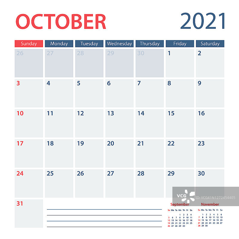 2021年10月日历规划师矢量模板。一周从周日开始图片素材