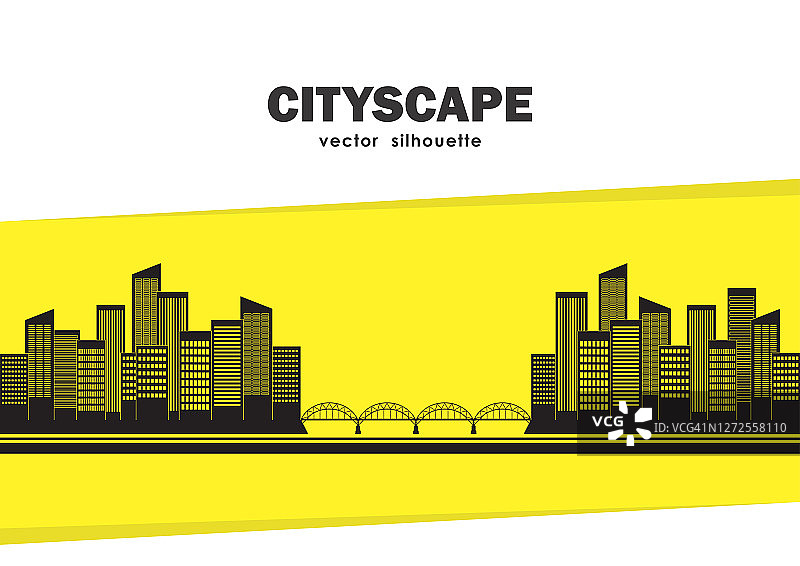 两个城市的剪影由桥梁连接在黄色背景与文字空间。孤立的城市。图片素材