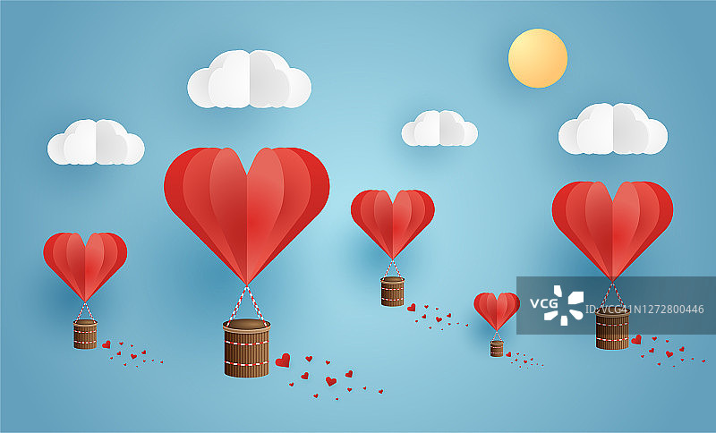 折纸制作的热气球在空中飞翔，心形漂浮在空中，爱情和情人节的插画，矢量纸艺术和工艺风格的插画。图片素材
