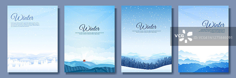 矢量插图。平的冬季景观。下雪的背景。雪。降雪。湛蓝的天空。暴雪。下雪的天气。设计元素海报，书籍封面，小册子，杂志，传单，小册子图片素材