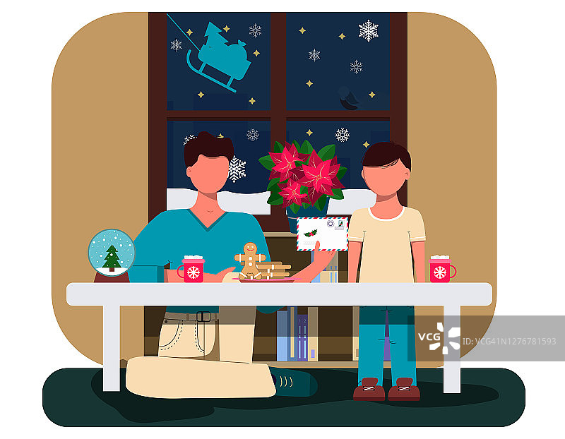 爸爸和儿子给圣诞老人写了一封信。扁平的圣诞卡插图。舒适的室内装饰圣诞节。桌子上有一杯可可，饼干，和pasantia雪景球。用于问候、新年网站、应用程序或广告的插图。图片素材
