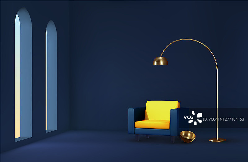 室内设计客厅。有大窗户和阳光的现实的房间。扶手椅黄蓝色织物。最小合成3d渲染。背景舒适的休息场所。矢量图图片素材