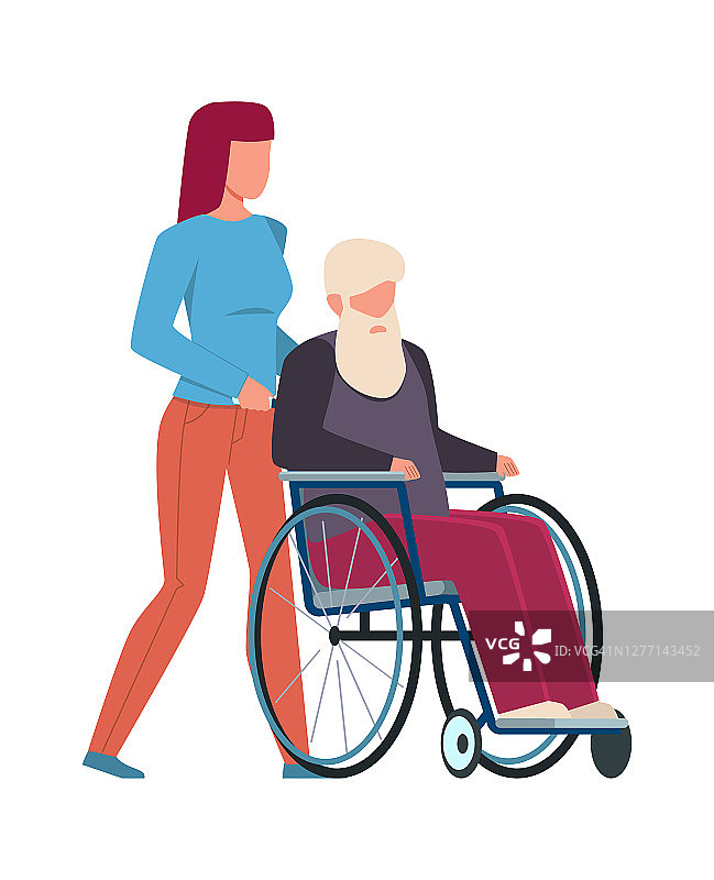 妇女自愿帮助老人。小女孩关爱老人，社会支持老年人，轮椅残疾人行走，矢量卡通孤立插图图片素材