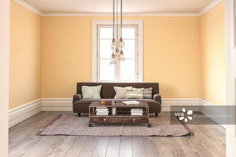 复古的客厅配有深棕色的沙发、椅子、桌子和装饰图片素材