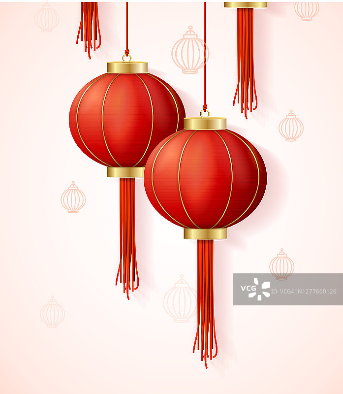 逼真细致的3d中国红纸灯笼套装。向量图片素材