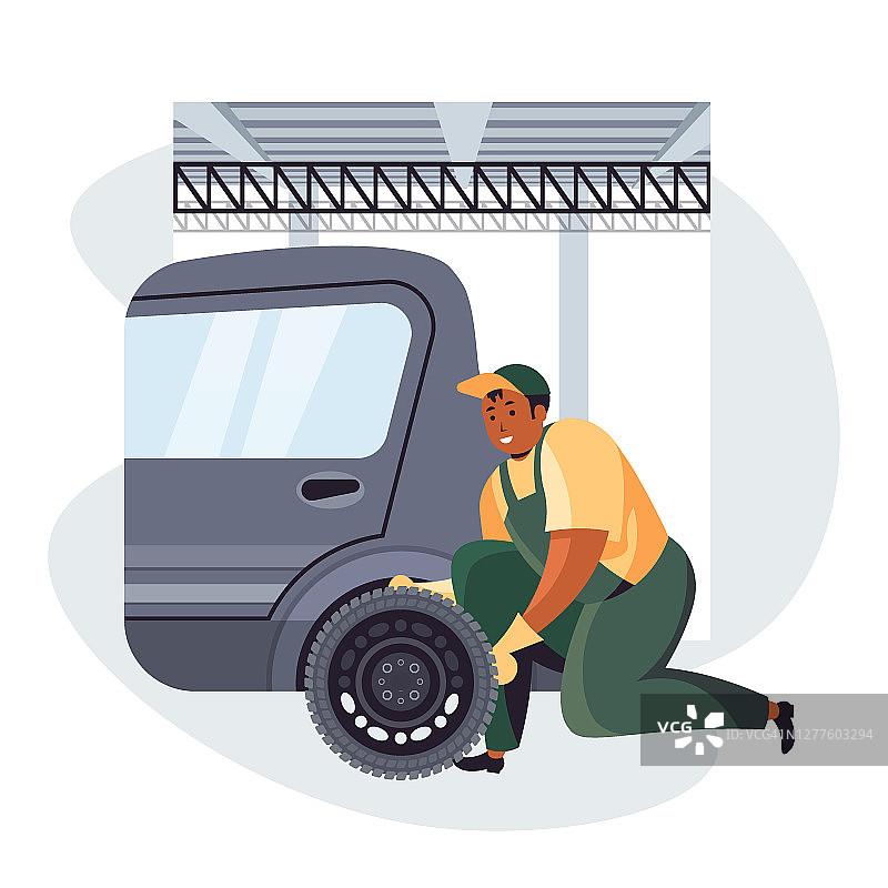 汽车机械师更换车轮和修理他们的轮胎配件服务概念全长矢量插图图片素材