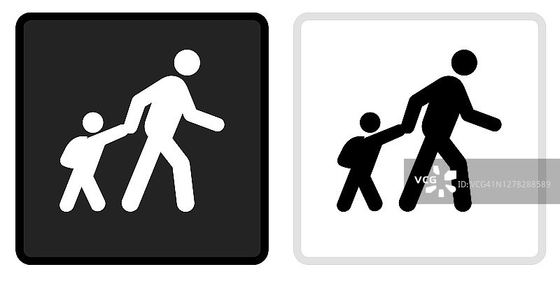 父母步行孩子到学校图标上的黑色按钮与白色滚动图片素材