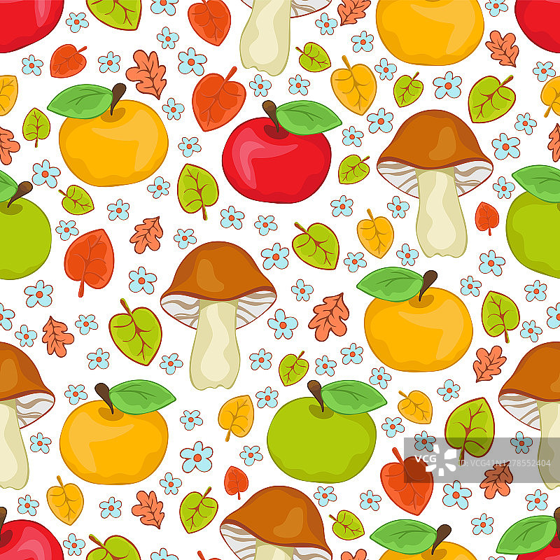 红、绿、黄苹果、蘑菇和树叶无缝图案，卡通手绘，五彩缤纷的秋季背景。织物设计，纺织印花，明亮可爱的壁纸。矢量图图片素材