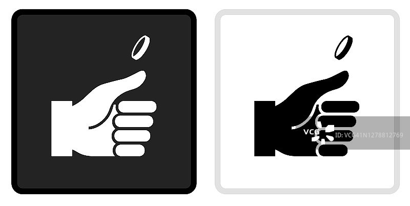 手和硬币图标上的黑色按钮与白色翻转图片素材