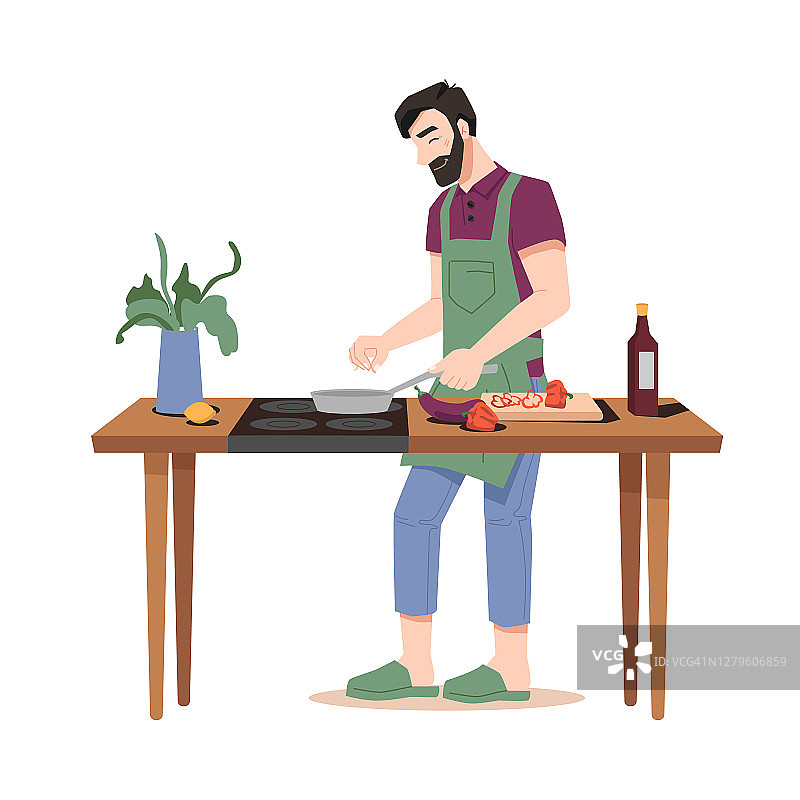 快乐的家伙油炸食物孤立的平面卡通人做饭在炉子上的木桌与盆栽。矢量孤立的大胡子男人，锅和蔬菜上的砧板，酱，茄子和辣椒图片素材