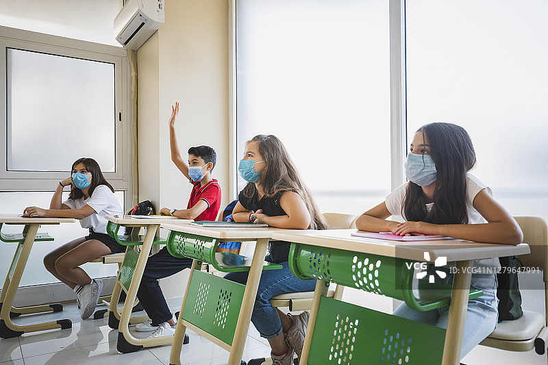 新冠肺炎大流行隔离和封锁后，戴口罩的儿童返回学校，举手。图片素材