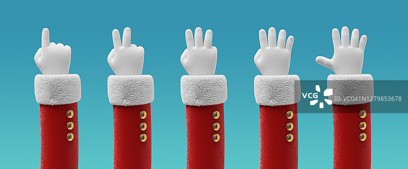 3d渲染，圣诞老人卡通人物的手，手指显示数字从1到5。数序列。圣诞剪辑艺术孤立在蓝色背景图片素材