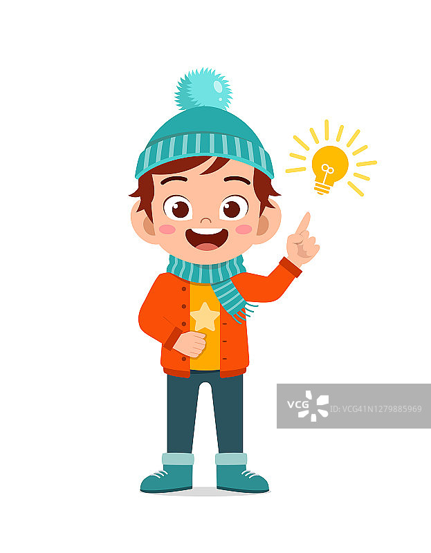 快乐可爱的小有想法，冬天穿夹克。孩子思考，穿暖和的衣服图片素材