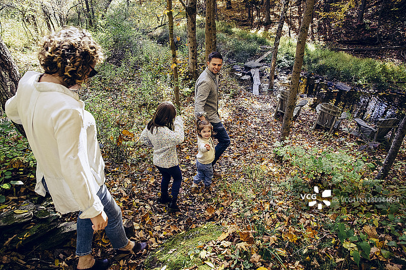 秋日家人在森林里散步的后视图图片素材