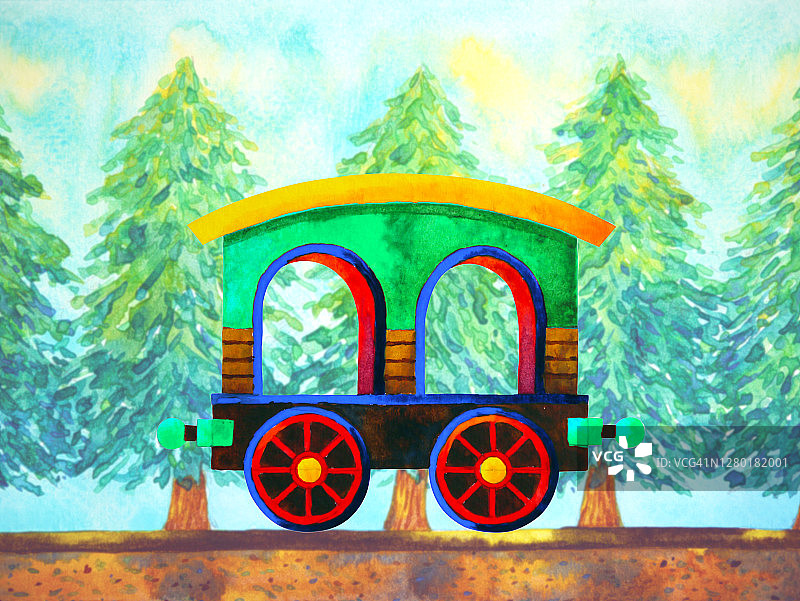 绿色火车复古卡通水彩画旅行在圣诞节松树森林插图设计手绘图片素材