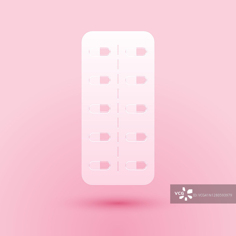 剪纸药丸在吸塑包装图标孤立在粉红色的背景。药品片剂包装:维生素、抗生素、阿司匹林。纸艺术风格。向量图片素材
