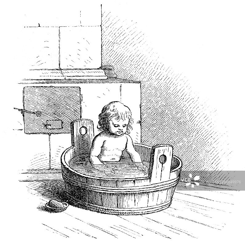 婴儿在木制浴缸插图1864图片素材