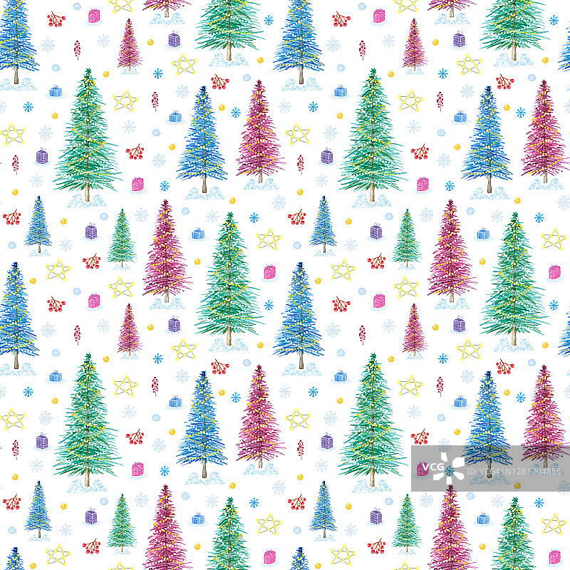 无缝图案的彩色圣诞树和新年装饰，用于包装纸图片素材
