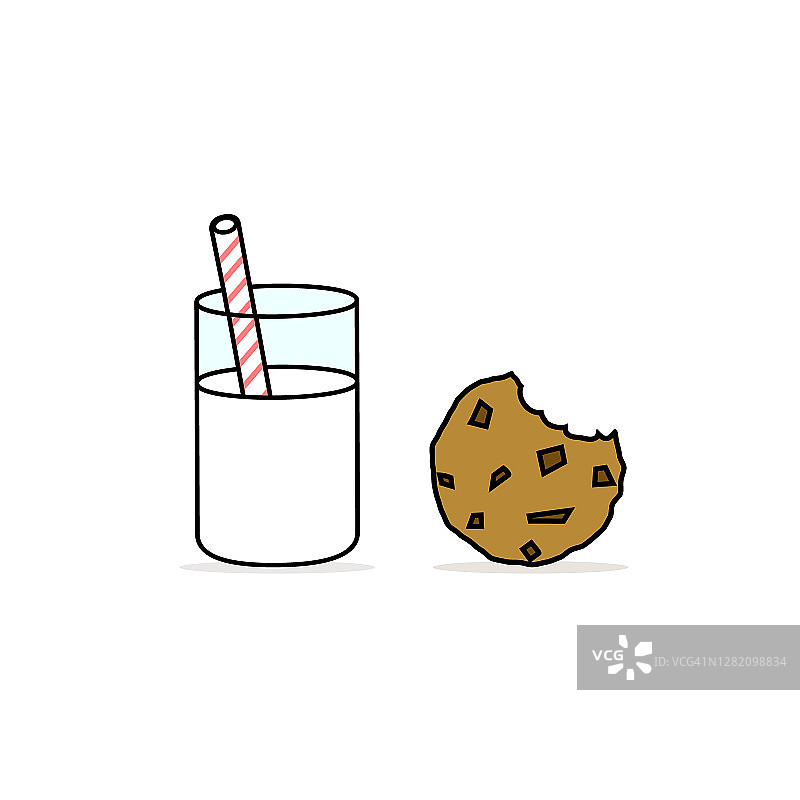 牛奶和饼干。一杯牛奶和巧克力饼干。睡前吃美味的食物。儿童食品。矢量图形。图片素材