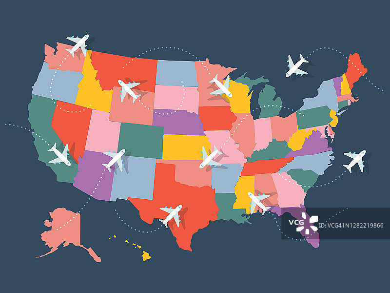 美国地图上飞机飞行的插图图片素材