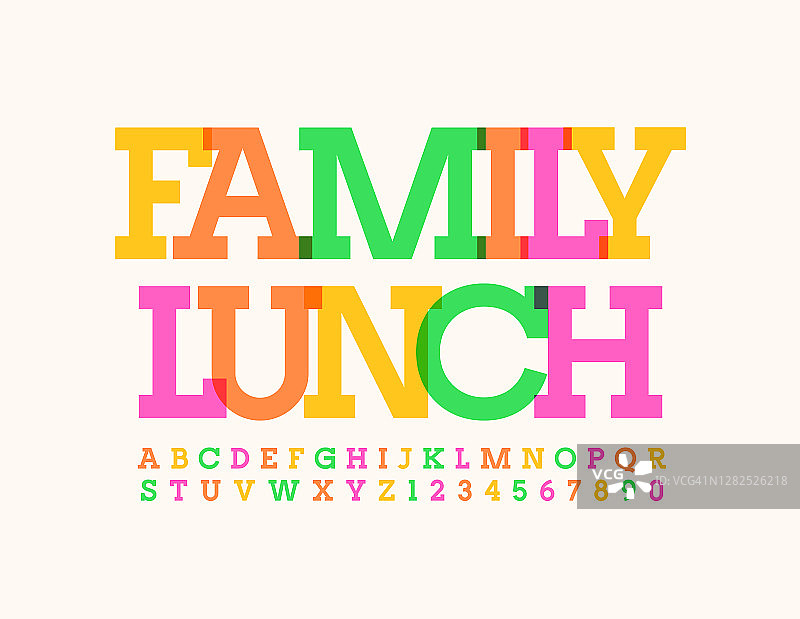 矢量彩色徽章家庭午餐。现代明亮的字母和数字集图片素材