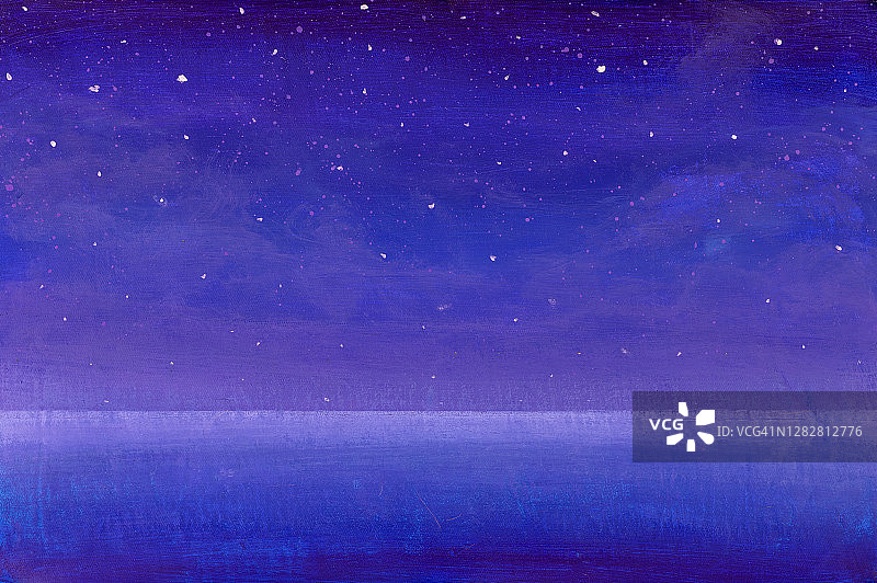夜景油画丙烯水彩。紫色星空和蓝色海洋水海洋插图背景上的画布。图片素材