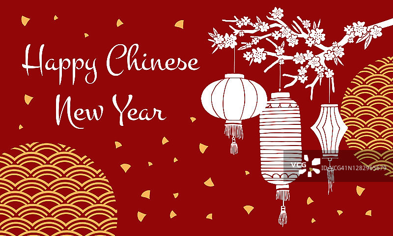 中国新年设计模板与传统的纸灯笼盛开的树枝图片素材