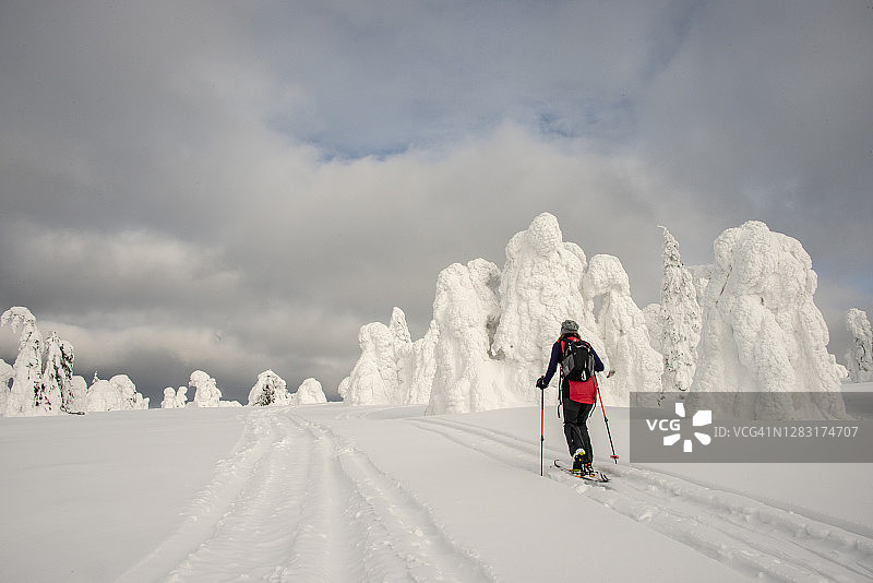 一个勇敢的女人在一个美丽的冬天在山顶滑雪旅游冒险图片素材