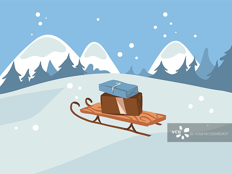 手绘矢量抽象有趣的股票平圣诞快乐，和新年快乐卡通贺卡可爱的圣诞雪橇和礼物盒礼物孤立在白色的冬季景观背景图片素材