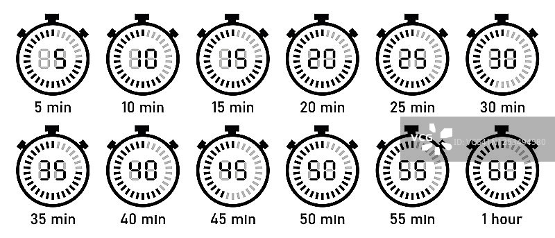 倒计时计时器与数字显示。时钟，秒表，数字计时器矢量图标设置。全旋转箭头计时器。简单计时器的集合，在背景上的平面风格隔离。图片素材