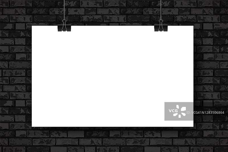 模型与空白的白色水平海报在黑色砖墙的背景。新潮的组合布兰克空间框架背景。矢量插图的网络组合，海报模拟，广告图片素材