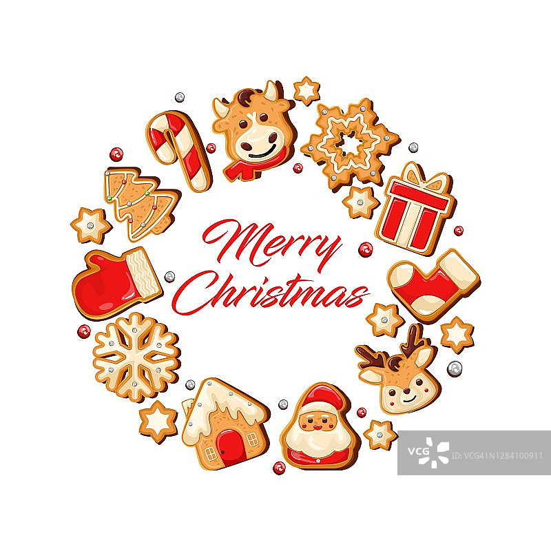 圣诞姜饼饼是圆形的，可以用作海报或背景。用雪花、雪花和珠子装饰。图片素材