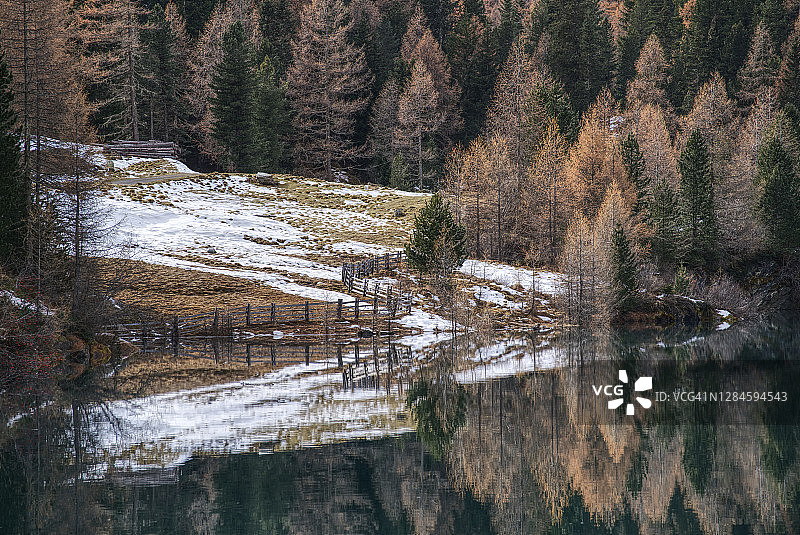 意大利南蒂罗尔/蒂罗尔的Zufrittsee湖的水的彩色映像。图片素材