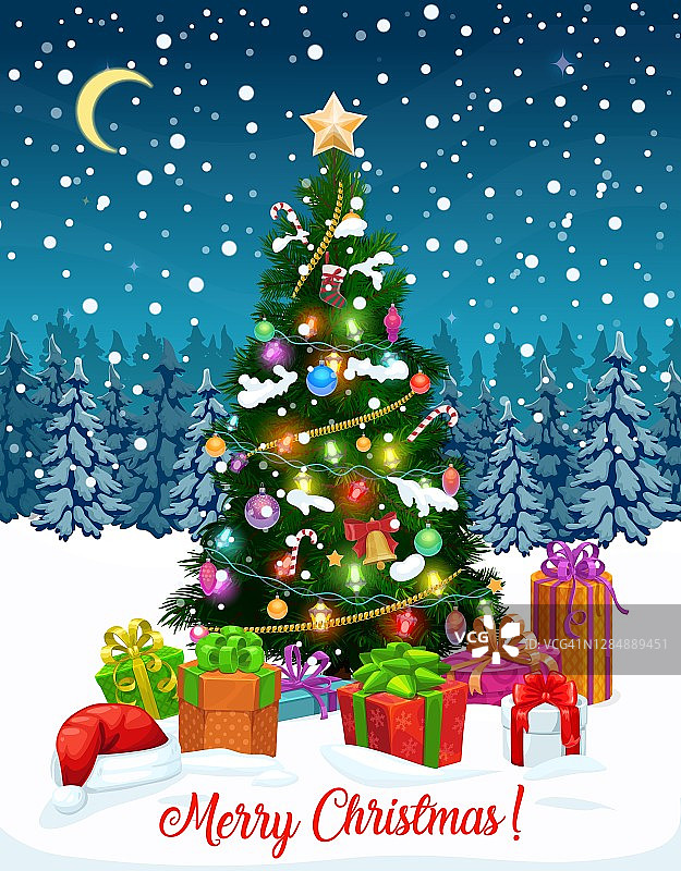 圣诞树与圣诞礼物，星星和球图片素材